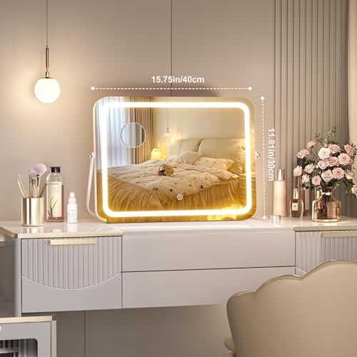 Hasipu Vanity Mirror with Lights, 16" x 12" LED Makeup Mirror, 3 Modes Light, Smart Touch Control Dimmable, 360¡ÆRotation, Rectangle White Frame, with 5X Magnifying Glass