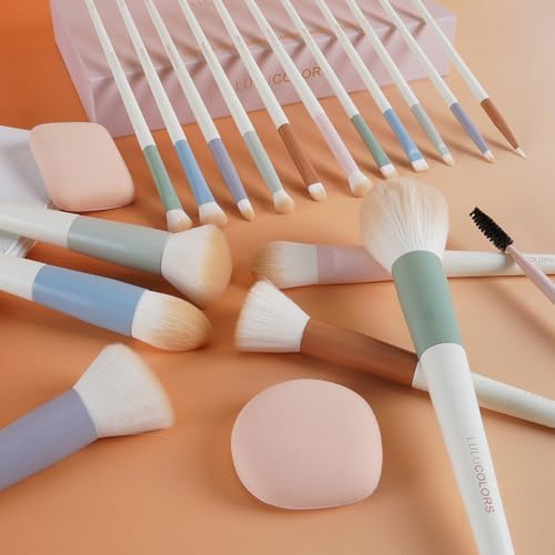 Colorful Series 18-Pcs Makeup Brush Set with Soft, Cruelty-Free Synthetic Bristles, Wooden Matte Handles, 2 Latex-Free Makeup Sponges & Travel Storage Bag ? Face & Eye Brushes for Makeup