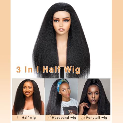 Glueless Half Wig Human Hair with Drawstring Kinky Straight Half Wig 180 Density Headband Wig Human Hair 3 In 1 Seamless Flip Over Half Wigs Human Hair 18 Inch Kinky Curly Half Wig