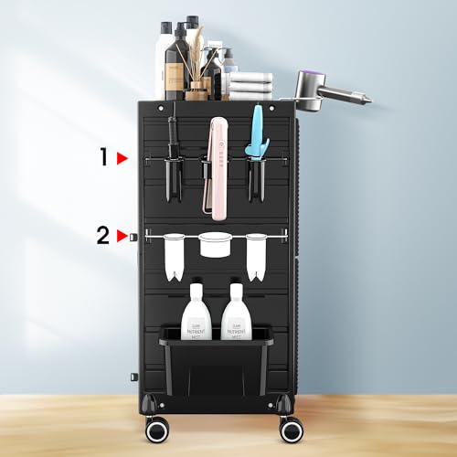 Lockable Salon Trolley Salon Cart on Wheels Rolling Tray Large Storage Salon Trolley W/Towel and Mirror Rack, Heat Resistant Appliance Rack, 4 Remove Drawers, 2 Buckets for Salon Spa Store