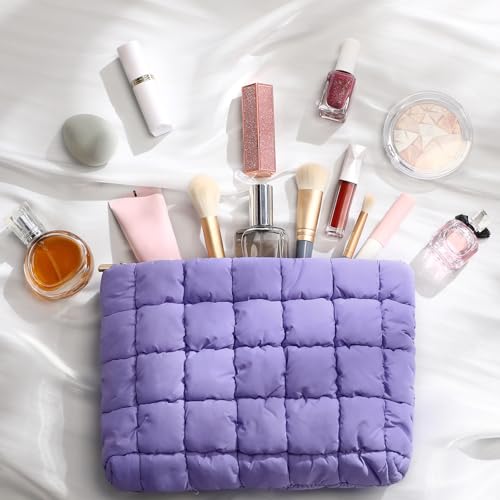 Hillban Purple Puffy Quilted Makeup Bag Quilted Cosmetic Bag Cute Puffer Toiletry Checkered Pouch Aesthetic Travel Makeup Brushes Organizer(Classic)