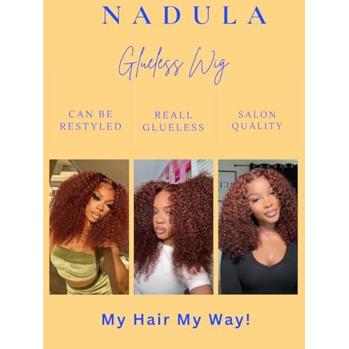 Nadula Reddish Brown Kinky Curly Drawstring Wig Human Hair 200% Density, Pre Cut 13x4 HD Pre Everything Glueless Bye Bye Knots Afro Kinky Lace Front Wigs Pre Plucked with Ear Tape Copper Red 16inch
