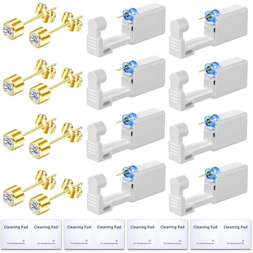Get the Perfect Ear Piercing with 24Pcs Premium Ear Piercing Kit - Includes 8 CZ Stones Earrings and 8 Easy-to-Use Self Ear Piercing Gun - Safe and Painless