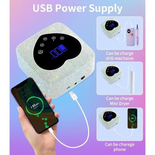 Cordless UV Nail Lamp for Gel Nails 72W, Rechargeable Diamond LED Nail Dryer with 5 Timer Setting, Touch Control & Auto Sensor, Fast Nail Light Curing Lamp for Salon & Home
