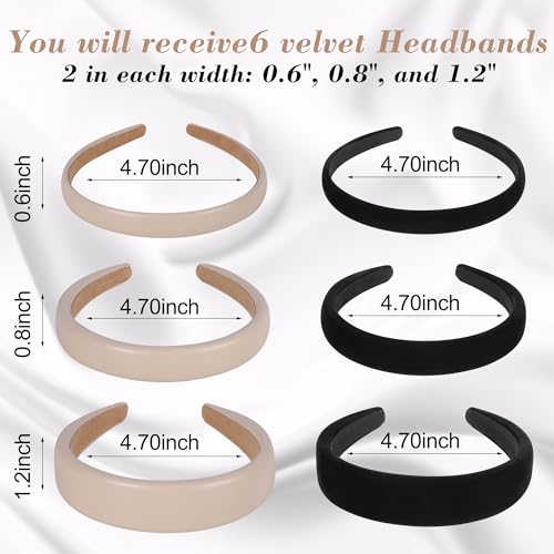 Velvet Headbands for Women and Teens, 6PCS Non-Slip Padded Hairbands with 3 Width Options (0.6", 0.8", 1.2"), Soft Comfortable Hair Accessories for Daily Wear, Makeup, Sports, and Gifts