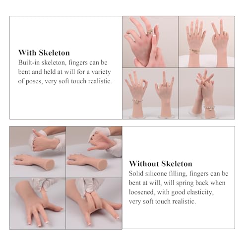 Silicone Realistic Female Hand Acrylic Nails Pratice Training For Nail Art Showing Jewelry Life Size Female Model Flexible Bendable (Pair Hand-With Skeleton, Ivory)