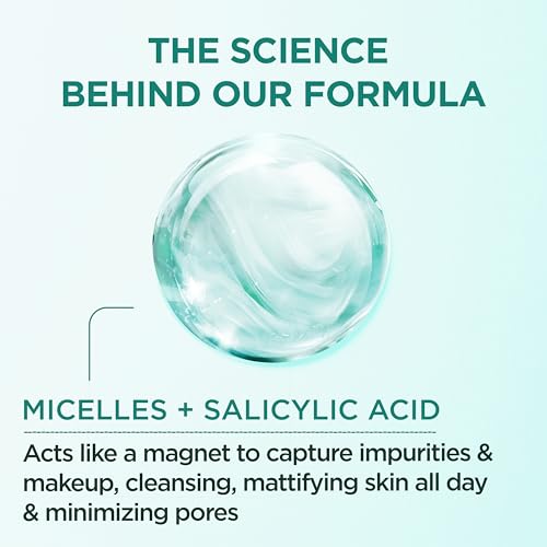 Garnier Micellar Water with Salicylic Acid, All-in-1 Mattifying Facial Cleanser and Makeup Remover for Oily and Acne Prone Skin, 13.5 Fl Oz, Pack of 2