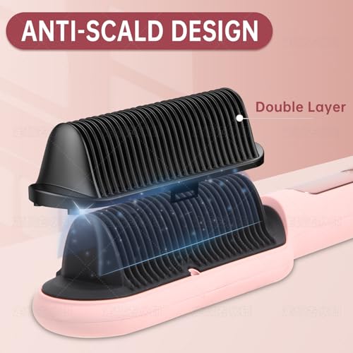 Negative Ionic Hair Straightener Brush with 9 Temp Settings, 30s Fast Heating Hair Straightening Comb with LED Display, Anti-Scald & Auto-Shut Off Hair Brush Straightener for Women (Pink)