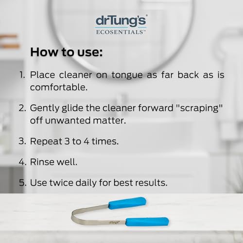 DrTung¡¯s Stainless Tongue Scraper - Tongue Cleaner for Adults, Kids, Helps Freshens Breath, Easy to Use Comfort Grip Handle, Comes with Fabric Travel Pouch - Stainless Steel Tongue Scrapers, (1 Count)