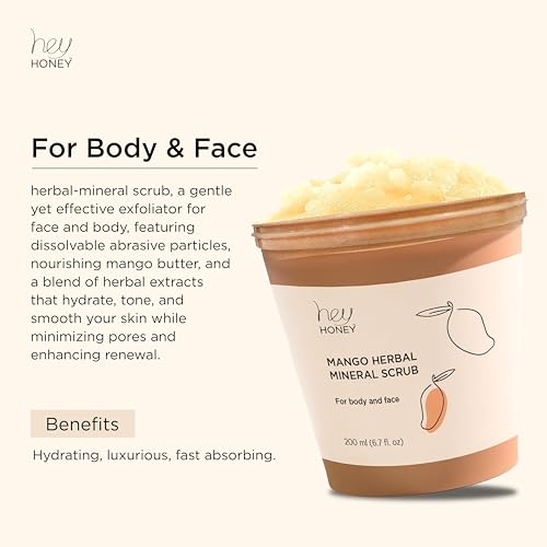 Hey Honey Skincare Mango Herbal Mineral Scrub Dead Sea Salt Exfoliator for Body & Face | Gently Buffs, Smooths & Hydrates Skin | Cruelty-Free, Paraben-Free, Vegetarian | 6.7 oz