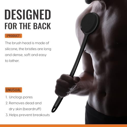 VWMYQ Silicone Back Scrubber for Shower, 17in Lengthen Long Handle Body Brush, Double Sided Shower Brush for Shower Exfoliating and Massage Can Produce Rich Foam, Long Handle Back Scrubber for Men.