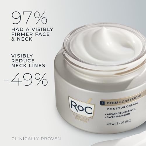 RoC Derm Correxion Neck Cream with Hyaluronic Acid + Advanced Retinol to visibly Tighten & Lift Horizontal Neck Lines, Facial Moisturizer to Contour Face (1.7 oz) with RoC Retinol Eye Packette
