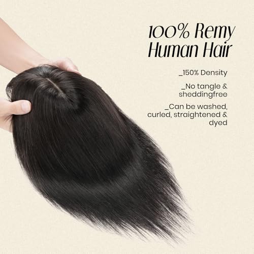 MY-LADY Human Hair Toppers for Women Real Human Hair with Bangs Thin 7 * 13CM Silk Base with Lace Clip in Remy Hairpieces 150% Density 18 Inch Natural Black