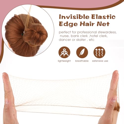 Hair Net Set - 20 Invisible 50cm Hairnets, 40 U-Shaped Pins for Women, Girls Ballet Buns and Dance (Brown)
