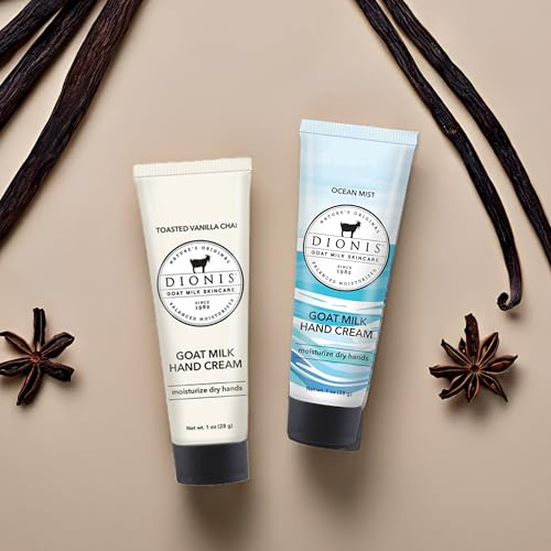Dionis Goat Milk Skincare Hand Cream Set of 2 - Cruelty Free, Paraben Free Travel Size Moisturizer Duo, Ocean Mist and Toasted Vanilla Chai Scented 1oz Mini Lotions For Dry Hands in a Gift Box