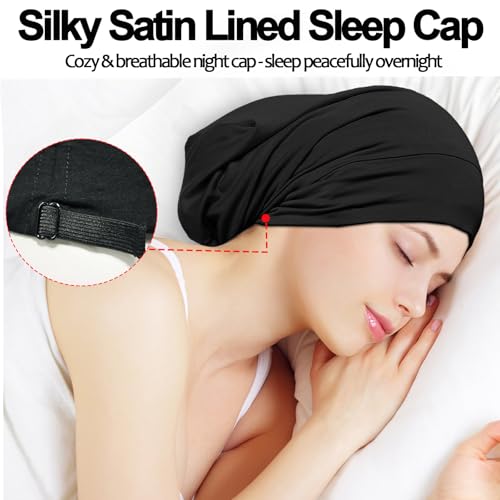 Satin Bonnet for Sleeping Night Cap, Adjustable Satin Lined Silk Bonnets Sleep Cap for Curly Hair Braids Beanie Black Women