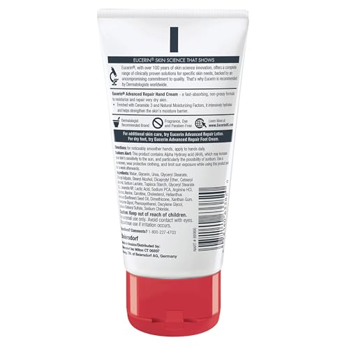 Eucerin Advanced Repair Hand Cream, Immediately Soothes and Repairs Very Dry Skin, Fragrance Free, Non Greasy, Fast Absorbing, Travel Size Hand Lotion, 2.7 Oz Tube, Pack of 3