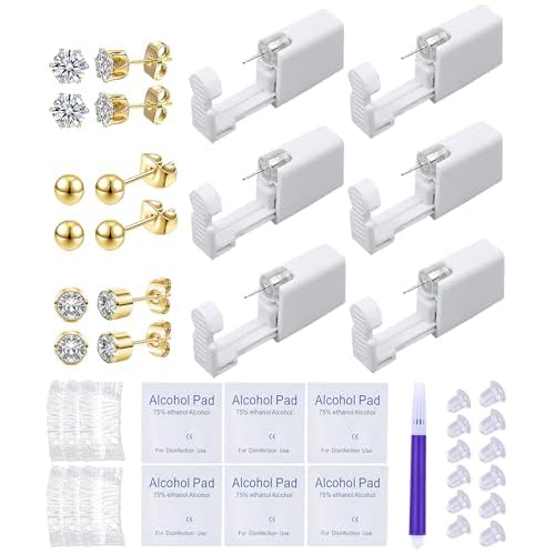 Ear Piercing Kit Disposable Ear Piercing Gun Kit with Sterile Multi-sized CZ Earring Studs Easy and Safe Earring Self Piercing Kit for Your Own Use at Home
