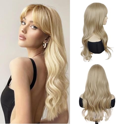 GNIMEGIL 24 Inch Long Blonde Wig With Bangs 24 Inch Long Wavy Wig For Women Bouncy And Shiny Synthetic Blonde Hair Wigs Natural Look Daily Cosplay Party Halloween