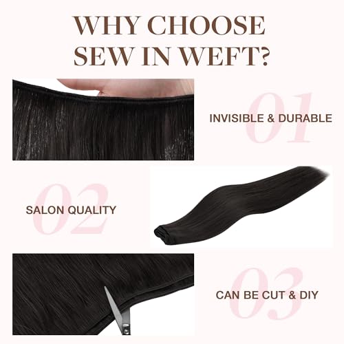 GOO GOO Sew in Hair Extensions Real Human Hair, Weft Hair Extensions Human Hair, 1B Natural black 22inch 110g, Weft Bundles Straight Silky Remy Hair