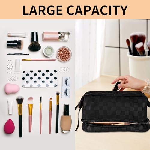 Abiudeng Large Capacity Makeup Bag Ladies Cosmetic Bag Travel Bag with Compartments Portable PU Leather Travel Makeup Bag with Handle