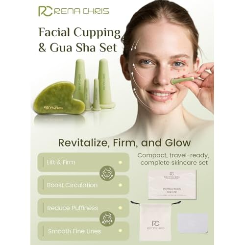 Rena Chris Facial Cupping Set & Gua Sha Facial Tool - Silicone Cupping Set & Jade Gua Sha Stone - Face Cupping Therapy Set for Natural Skin Care, Puffiness, Lip Plumping(Green)