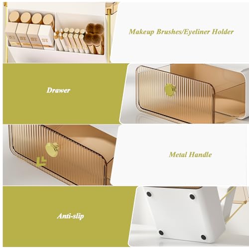 FOLLOWIN 3 Tiers Makeup Organizer with Drawer,Cosmetic Display with Lipsticks Brush Holder,Cosmetics and Beauty Supplies Organizers for Vanity,Dresser,Bathroom Desktop Countertop Organizer,Amber