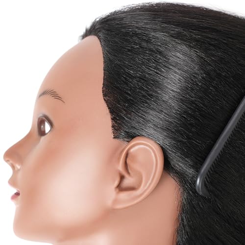 Mannequin Head with 100% Real Hair, 14" Cosmetology Mannequin Manikin Training Practice Doll Head for Hairdresser Braiding Hair Styling Hairdressing and Clamp Holder- Black