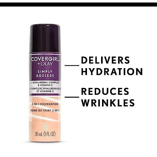 COVERGIRL & Olay Simply Ageless 3-in-1 Liquid Foundation, Matte Finish, Hyaluronic & Vitamin C Formula, 220 Creamy Natural, 1 Count