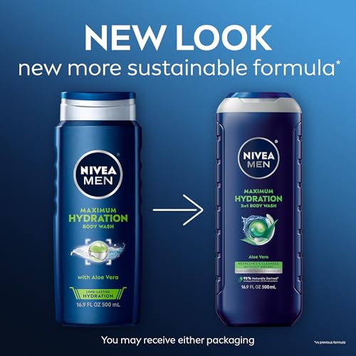 Nivea Men Maximum Hydration Body Wash for Dry Skin, Aloe Vera Enriched, 3-in-1 Moisturizing Body Wash, Face and Hair, Paraben Free, Vegan Formula, 16.9 Fl Oz Bottle, Pack of 3