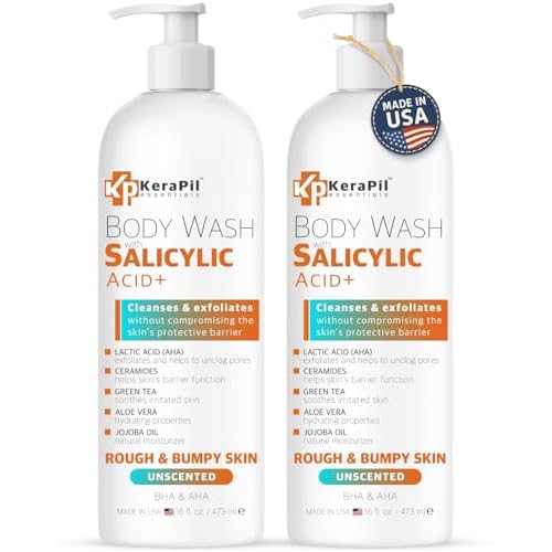 Salicylic Acid Body Wash - Skin Non-drying, Gentle Exfoliates Rough and Bumpy Skin, Body Acne Wash, BHA & AHA - Unscented Exfoliating Body Wash, Made in USA - (16 fl oz x 2)