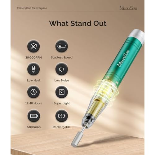 Melodysusie Nail Drill Professional Brushless MB450C, 35,000RPM Portable Electric Nail File, Cordless Efile Nail Drill Machine for Gel Nails, Rechargeable E Filer Kit with 8 Bits, Jade Plus, Green