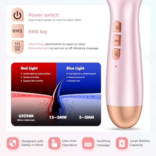 Smedz 5-in-1Scalp Massager Hair Growth Nano Mist Hair Oil Applicator Brush with Cooling Vibration & Hydrating Design, Red & Blue Ambient Light for at-Home SPA Relaxation
