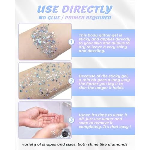 6PCS Silver Face Body Glitter Gel£¬Holographic Chunky Sequins Body Glitter Paint for Party Singer Concerts Music Festival Rave Accessories for Girls Women Face Body DIY Sparkling Makeup
