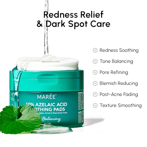 MAREE Azelaic Acid Toner Pads ? Exfoliating Pads with Glycolic & Hyaluronic Acid for Face ? 10% Azalecic Acid & Centella Redness Soothing Pad ? Zero Pore Facial Acne Care Toning Pad ? Acido Azelaico