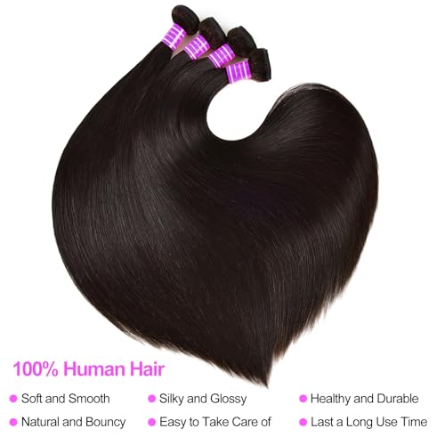 Straight Bundles Human Hair 24 26 28 30 Inch 4 Bundles Straight Hair 10A Double Weft Hair Extensions for Black Women 100% Unprocessed Virgin Human Hair Weave Natural Black