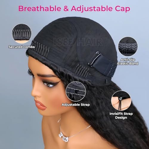 ISEE 3 In 1 Half Wig Kinky Straight Glueless Wigs Human Hair Comfortable Fit No Glue Needed Wear & Go Seamless Clip In Wigs 18 Inch
