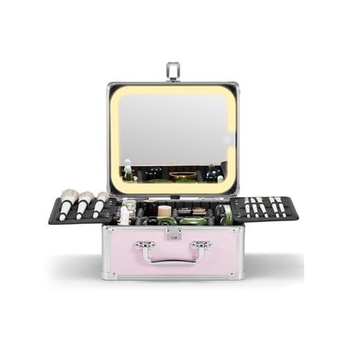 Qislee Makeup Box with A Detachable Lighted Mirror, Waterproof Travel Train Case, Cosmetic Organizer and Makeup Suitcase with Adjustable Dividers, Magnetic LED Mirror(Icy Pink)
