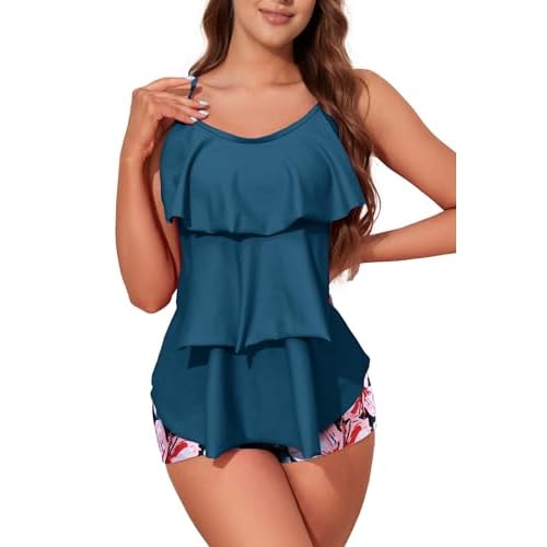 Womens Tankini Swimsuits with Boy Shorts Tummy Control Plus Size Modest Flounce Vintage Tank Top Two Piece Bathing Suits