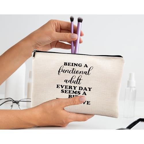 kdqua Funny Adult Humor Gifts for Women Makeup Bag, Being a Functional Adult Everyday Seems a Bit Excessive Linen Cosmetic Bag Zipper Pouch Travel Toiletry Bag, Gifts for Women Girls Sister Sisters