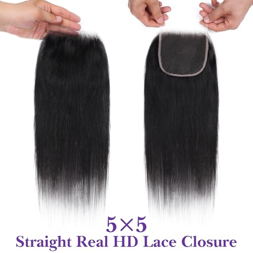 5x5 HD Lace Closure 22 Inch, SKINLIKE 0.095mm Ultra-thin Invisible Real Swiss Lace Closure Only,Straight RAW Virgin Human Hair Single Knot Pre-Plucked with Baby Hair