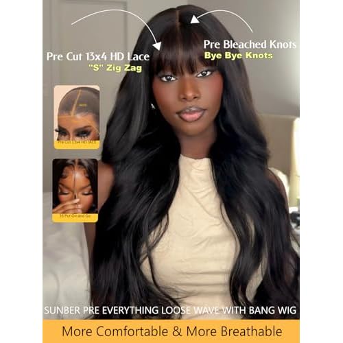 Sunber Put On and Go Glueless Wigs Pre Plucked Pre Bleached Human Hair Loose Wace With Curtain Bangs Bye Bye Knots Pre Cut Lace 13X4 HD Lace Front Wig 16Inch