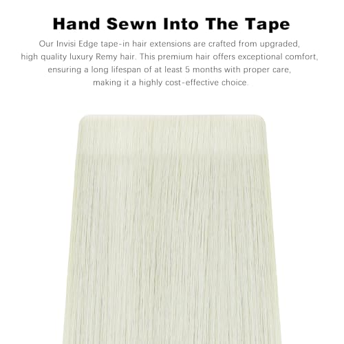 ABH AMAZINGBEAUTY HAIR Invisi Edge Tape in Hair Extensions Real Human Hair, Seamless Injected Hand-Tied Virgin Human Hair Pro Quality Tape ins 20PCS 50G/Pack, White Blonde #603 18Inch
