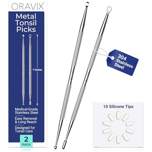 Oravix Tonsil Stone Remover Tool Pack of 2, Metal Tonsil Stone Removal Tool, 7¡¯¡¯ Surgical-Grade Stainless Steel Metal Pick with 10 Soft Silicone Tips, Fight Bad Breath, Safe & Easy