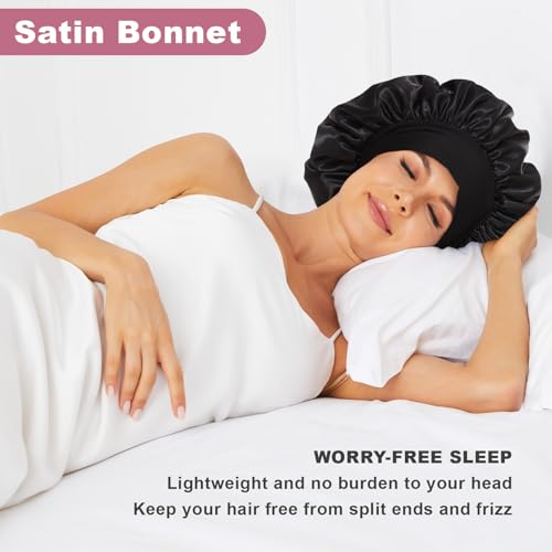 4Pcs Satin Bonnet Silk Bonnet, Hair Bonnet for Sleeping, Elastic Wide Band Silk Sleep Cap, Soft and Breathable (Black Red Purple Gold)