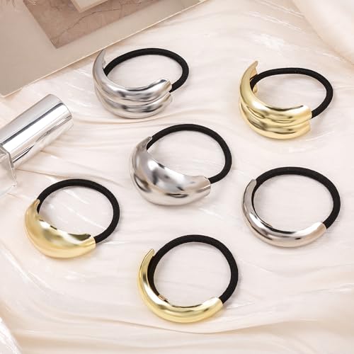Hair Ties for Women, Gold Metal Hair Cuffs Hair Accessories Elastic Hair Ties Ponytail Cuff Hair Bands for Both Thick Hair and Thin Hair