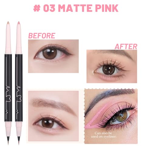3PC Dual Ended Makeup Highlighter Pen, Glitter & Matte Nude Pink EyeLiner & Eyeshadow, Liquid Contour Liner 2 in 1 Eye Make Up Stick, Mulit-Funtional Long Lasting Lying Silkworm Pencil Set