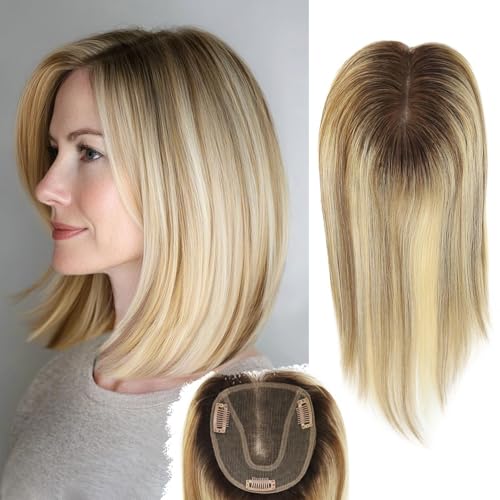 Hair Toppers for Women Real Human Hair No Bangs 4.7 * 5.1 Inch Base 14 Inch Human Hair Topper for Women with ThinningHair Cover Gray Roots (#Ash Blonde Highlights Lowlights Tan)