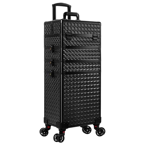 AROUS 5 in 1 Rolling Makeup Train Case Cosmetology Case on Wheels Large Cosmetic Organizer Travel Cart for Hairstylist Artist Nail Beauty Salon Barber,Black