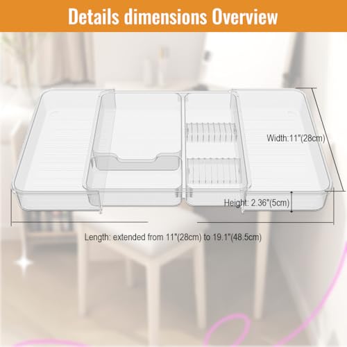 Expandable Drawer Organizer Tray from 11¡± to 19.1¡±, Adjustable Silverware in Drawer Holder, Clear Plastic Drawer Storage with Sliding Dividers for Utensil, Cosmetics, Toiletries, Offices